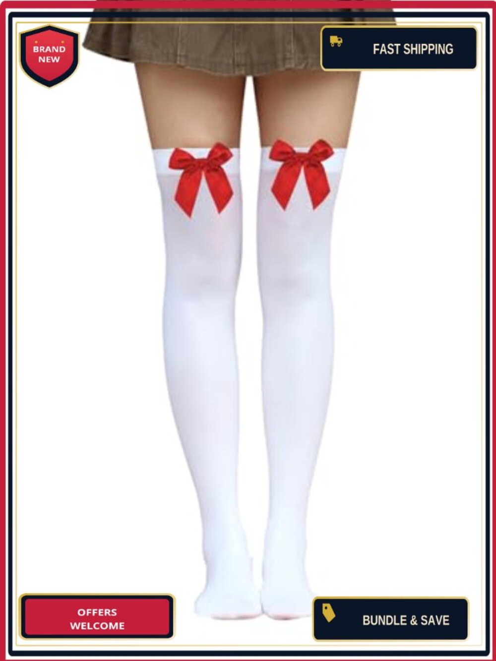 Opaque Thigh High Stockings with Satin Bow, Nylon Blend, One Size